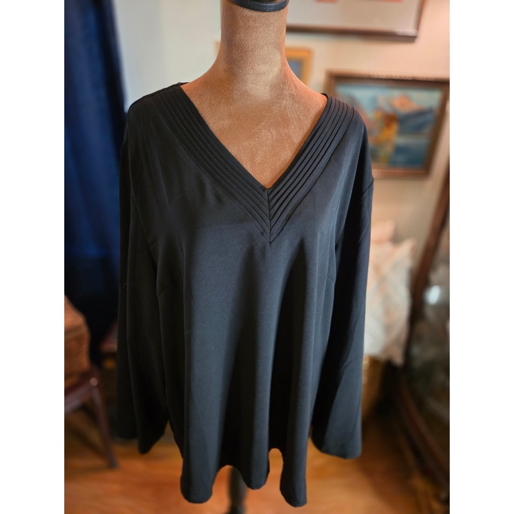 Scomchic Black Pleated V-Neck Roll Tab Sleeve Blouse Top 3XL